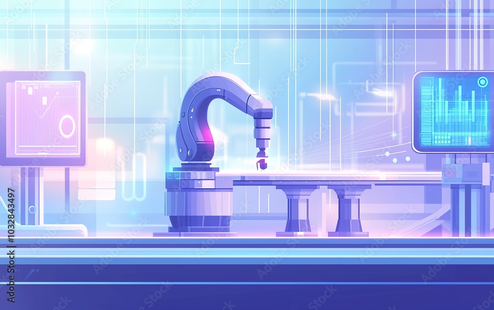 Poster robotic arm in a modern lab setting conducting precise engineering tasks during a technology showcas