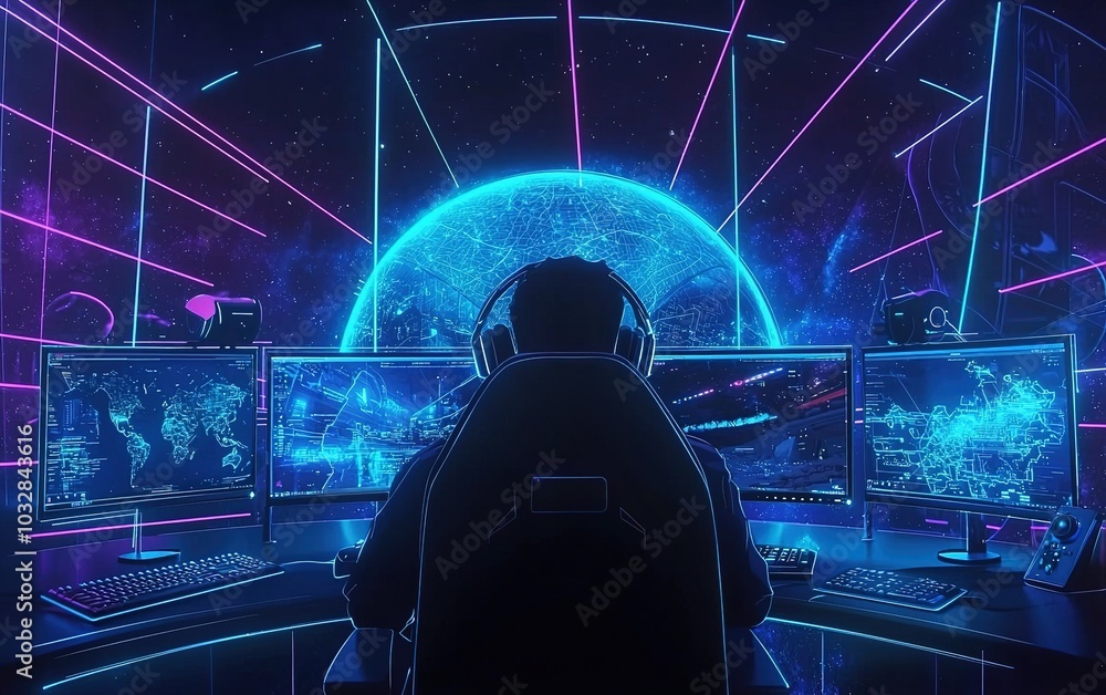 Poster a gamer immersed in a futuristic workspace with multiple screens displaying vibrant graphics and a c