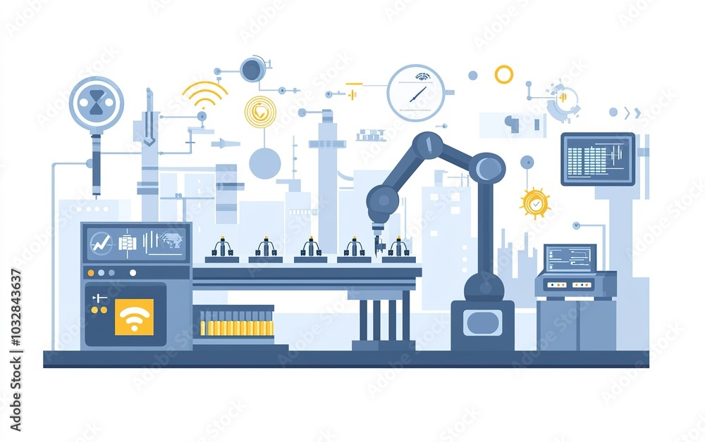Poster modern automated industrial production line with robotic arm and advanced technology in operation