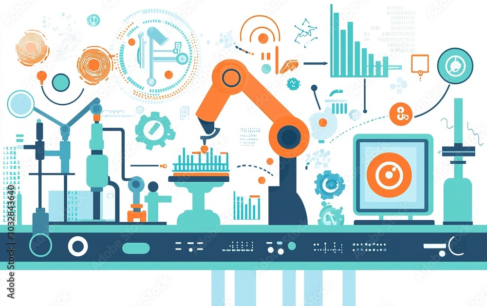 Poster modern automation and robotic systems in a digital manufacturing environment showcasing advanced tec