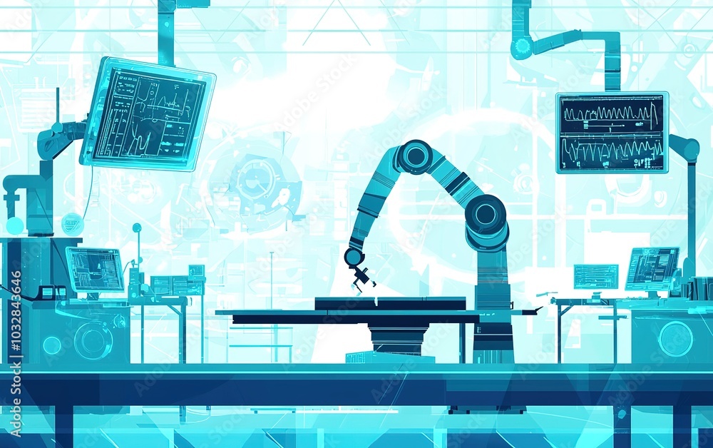 Poster advanced robotic arm working in a futuristic laboratory environment with data screens and high-tech 