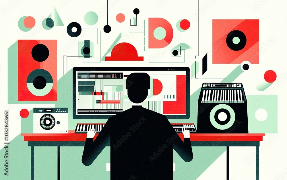 Poster creative digital music production in an artistic workspace featuring various instruments and sound e