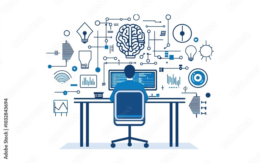 Poster a person analyzing data with visual graphics and charts in a modern workspace during daytime