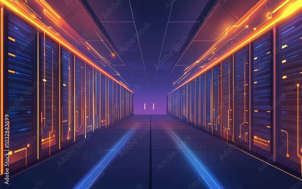 Poster futuristic data center with illuminated server racks and glowing circuitry at night