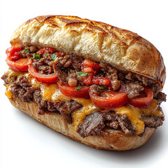 Mouthwatering Cheesesteak Sandwich with Juicy Beef, Melted Cheese, and Fresh Vegetables on a Toasted Hoagie Roll - Ideal for Culinary Photography and Food Stock Images