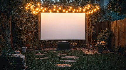 Outdoor movie setup with screen and lights in a cozy garden.