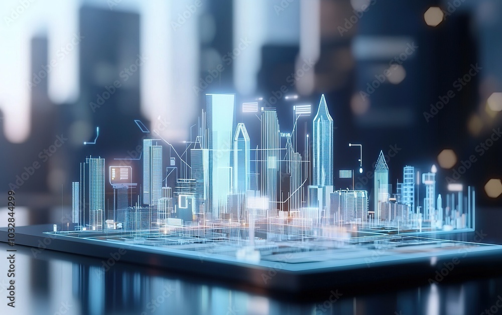 Poster a futuristic skyline model with illuminated buildings and holographic projections in a modern urban 