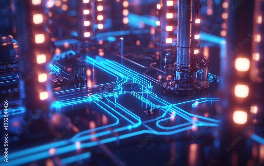 Poster close-up view of intricate circuit board design with glowing blue pathways and neon lights in a futu
