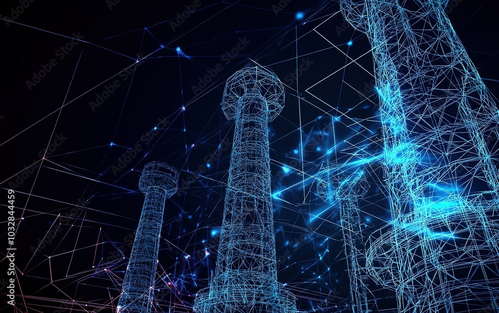 Poster a futuristic digital landscape featuring towering structures made of glowing connections and lines a
