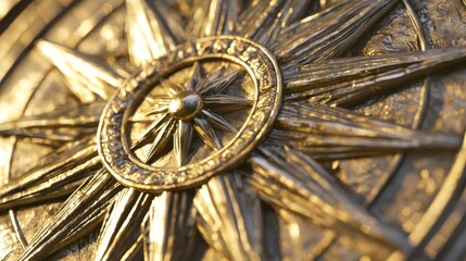 Fototapeta premium Antique Compass Rose Close-Up with Intricate Designs and Patina - Detailed Macro Shot Capturing Light Reflections