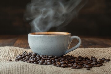 Fototapeta premium A steaming cup of coffee and some scattered coffee beans on a wooden background. 