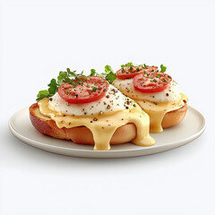 Delicious Eggs Benedict with Poached Eggs, Hollandaise Sauce, and Fresh Herbs on a White Plate - Perfect for Culinary Photography and Food Stock Images