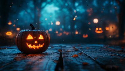 Rustic wooden table in the foreground, its natural textures enhanced by the soft glow of autumn light. In the background, a blurred scene sets the mood for Halloween, with out-of-focus elements like c