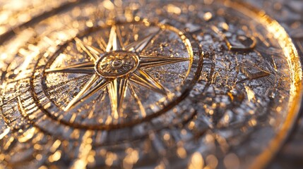Vintage Compass Rose with Intricate Design and Patina Details, Captured in Stunning Light Reflections