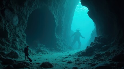 A captivating underwater cave, shrouded in mystery and illuminated by the ethereal glow of bioluminescent sea creatures.