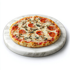 Delicious Pepperoni Mushroom Pizza with Melted Cheese and Fresh Herbs on a Marble Plate - Perfect for Culinary Photography and Food Stock Images