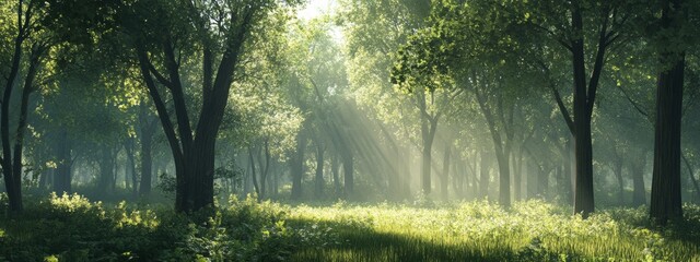 Obraz premium Tall Trees and Soft Sunlight in Dense Forest Setting