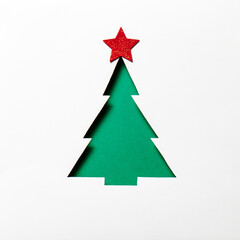 Christmas tree with a red star on a white background. Christmas card. Mockup for festive advertising and greetings. 
