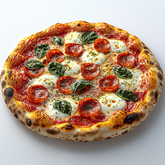 Freshly Baked Margherita Pizza with Golden Crust, Melted Mozzarella, Tomato Slices, and Basil Leaves on White Background - Perfect for Culinary Blogs and Food Photography