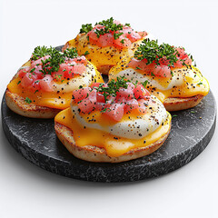 Gourmet Eggs Benedict with Poached Eggs, Hollandaise Sauce, and Fresh Herbs on a Stone Plate - Perfect for Culinary Photography and Food Stock Images