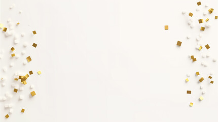 Obraz premium White and Gold Confetti on a White Background. Festive Celebration Background with Copy Space. flat lay, top view