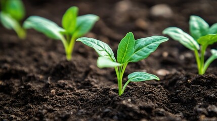 Young green plants sprouting from rich soil, symbolizing growth and renewal.