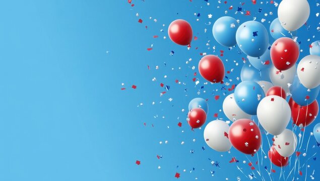 Fototapeta A blue sky background with red, white, and baby blue balloons Generative AI