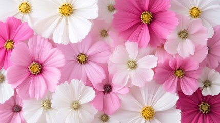 A close-up of pink and white cosmos flowers.