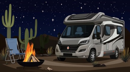  a van parked under the stars, featuring camping gear and an open fire pit beside it. The scene captures a serene night in a desert landscape.