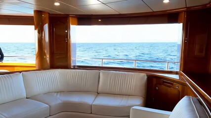 Luxurious yacht interior with white sofas and wooden accents, offering ocean views.