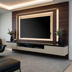 Modern Living Room with Wooden TV Wall, Ambient LED Lighting, and Minimalist Floating Console