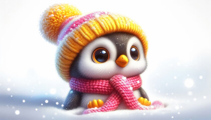 Cute penguin illustration in snowy landscape with scarf and wool hat. Christmas celebration time