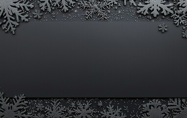 A creative flat lay featuring black space surrounded by silver snowflakes perfect for winter-themed designs and holiday greetings