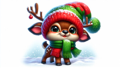 Cute deer illustration in snowy landscape with scarf and wool hat. Christmas celebration time
