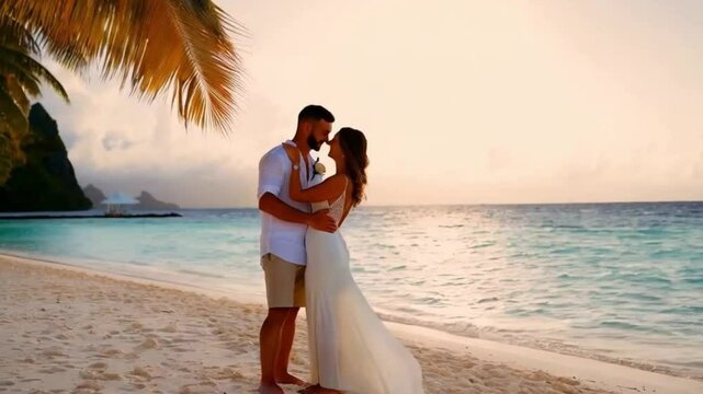 A couple celebrating their honeymoon on a secluded beach in Bora Bora.