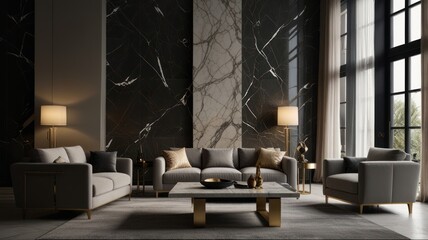Modern living room interior design with black marble wall, grey sofa, gold accents, and large windows.