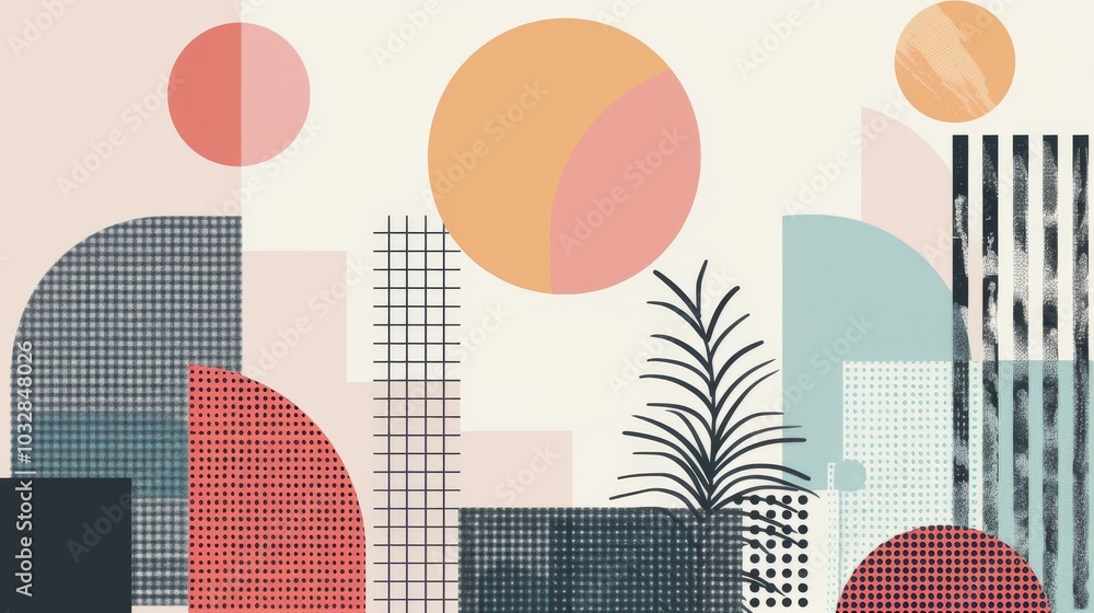 Fototapete A clean and minimalistic geometric design with Scandinavian colors, using abstract shapes like rectangles and circles