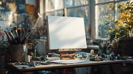 A serene art studio featuring a blank canvas, brushes, and vibrant paints, perfect for inspiring creativity.