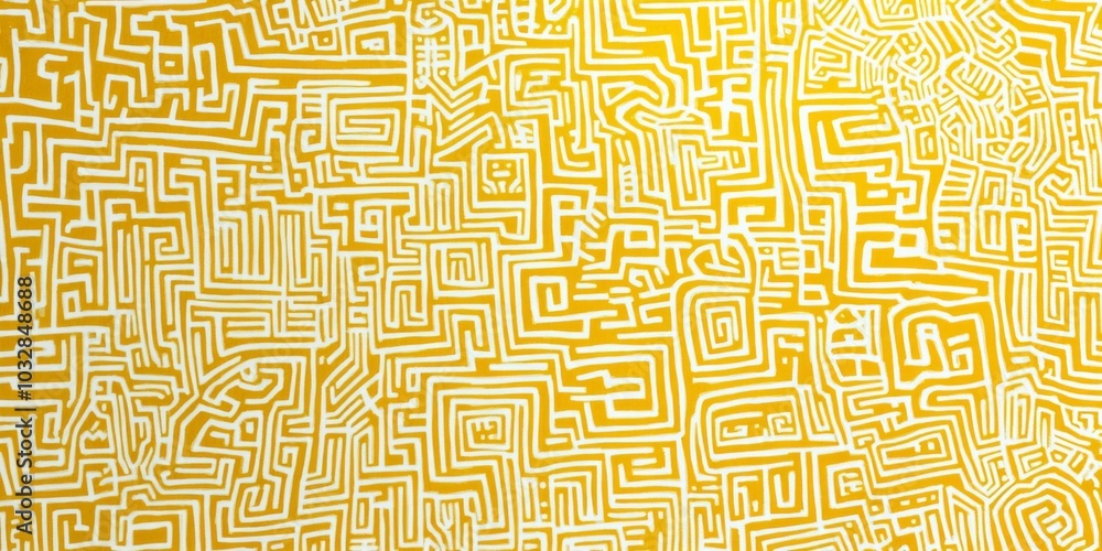 Poster intricate yellow and white line drawing featuring small maze-like shapes filled with various pattern