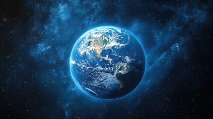 Futuristic Blue Tech Earth in Space with Glowing Stars and Nebulae, Symbolizing Advanced Technology and Innovation