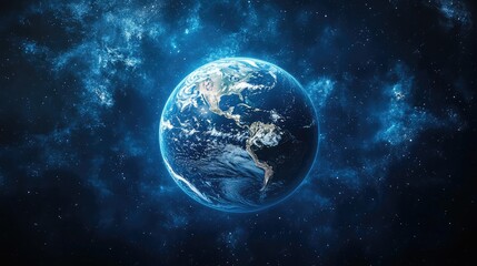 Naklejka premium Futuristic Blue Tech Earth in Space with Glowing Stars and Nebulae, Symbolizing Advanced Technology and Innovation