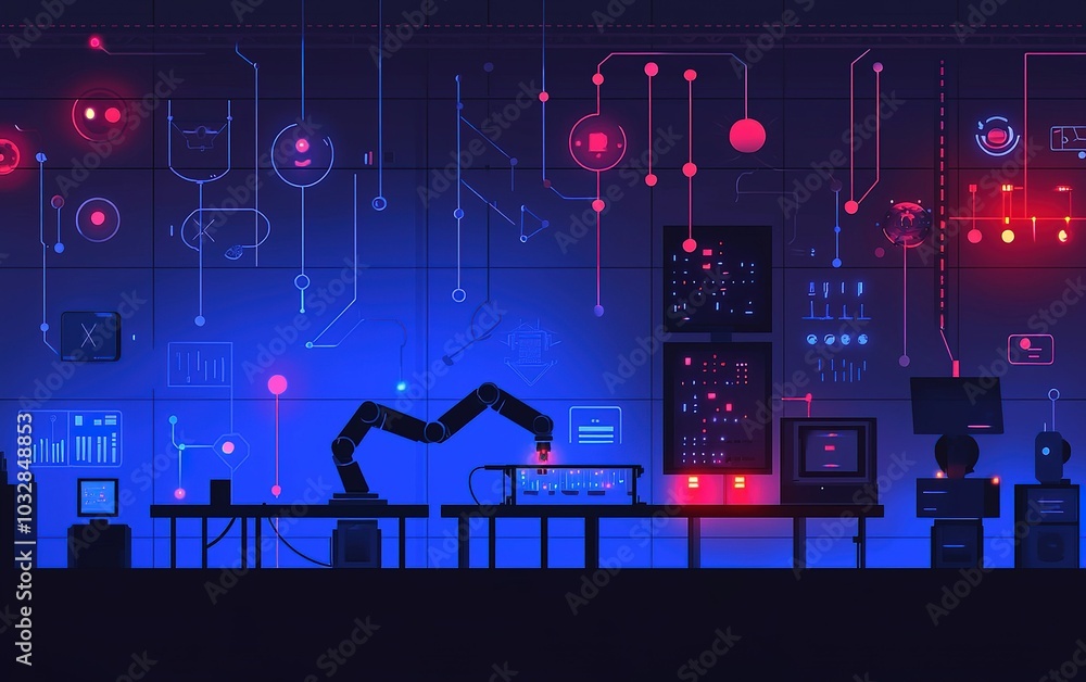Poster a futuristic laboratory with advanced robotic technology and digital interfaces illuminated in blue 