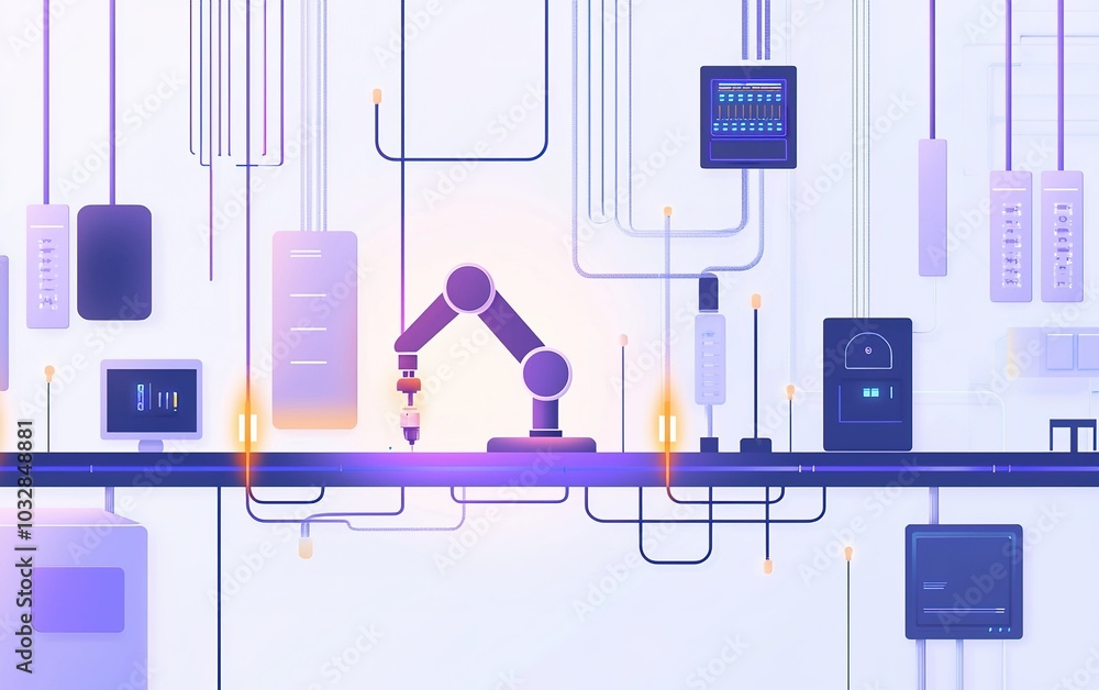 Poster a robotic arm automating tasks in a high-tech control room filled with various equipment and cables 