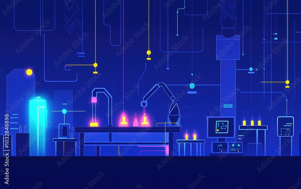 Poster a colorful digital laboratory showcasing robotic arms and glowing machinery set against a dark backg