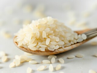 A close-up of a spoonful of Arborio rice on a white background