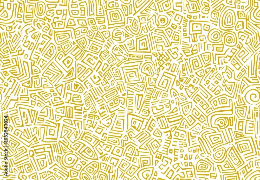 Poster intricate yellow and white line drawing featuring small maze-like shapes filled with various pattern