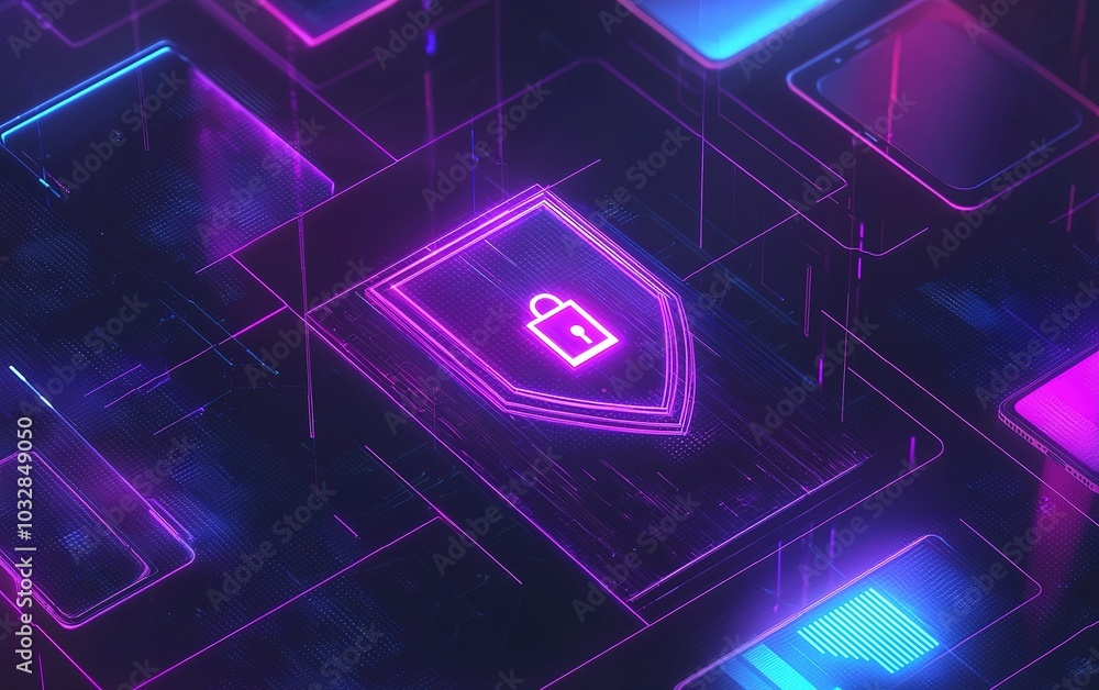 Poster digital security concept featuring a glowing lock icon on a colorful abstract background with circui