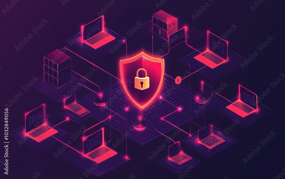 Aufkleber cybersecurity network design featuring multiple laptops and a central shield icon symbolizing data p