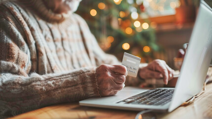 An elderly woman in a cozy sweater holding a credit card while using a laptop, depicting the concept of online shopping and digital payments during the holiday season in a warm, festive environment.