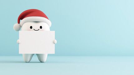 Cartoon tooth in a Santa hat holding an empty sign on a light blue background. Mockup, perfect for adding text or graphics (copy space).